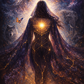 Sacred feminine energy surrounded by animals in cosmic field, soul connection, intuition and spiritual guidance, Adain Holistic Healing