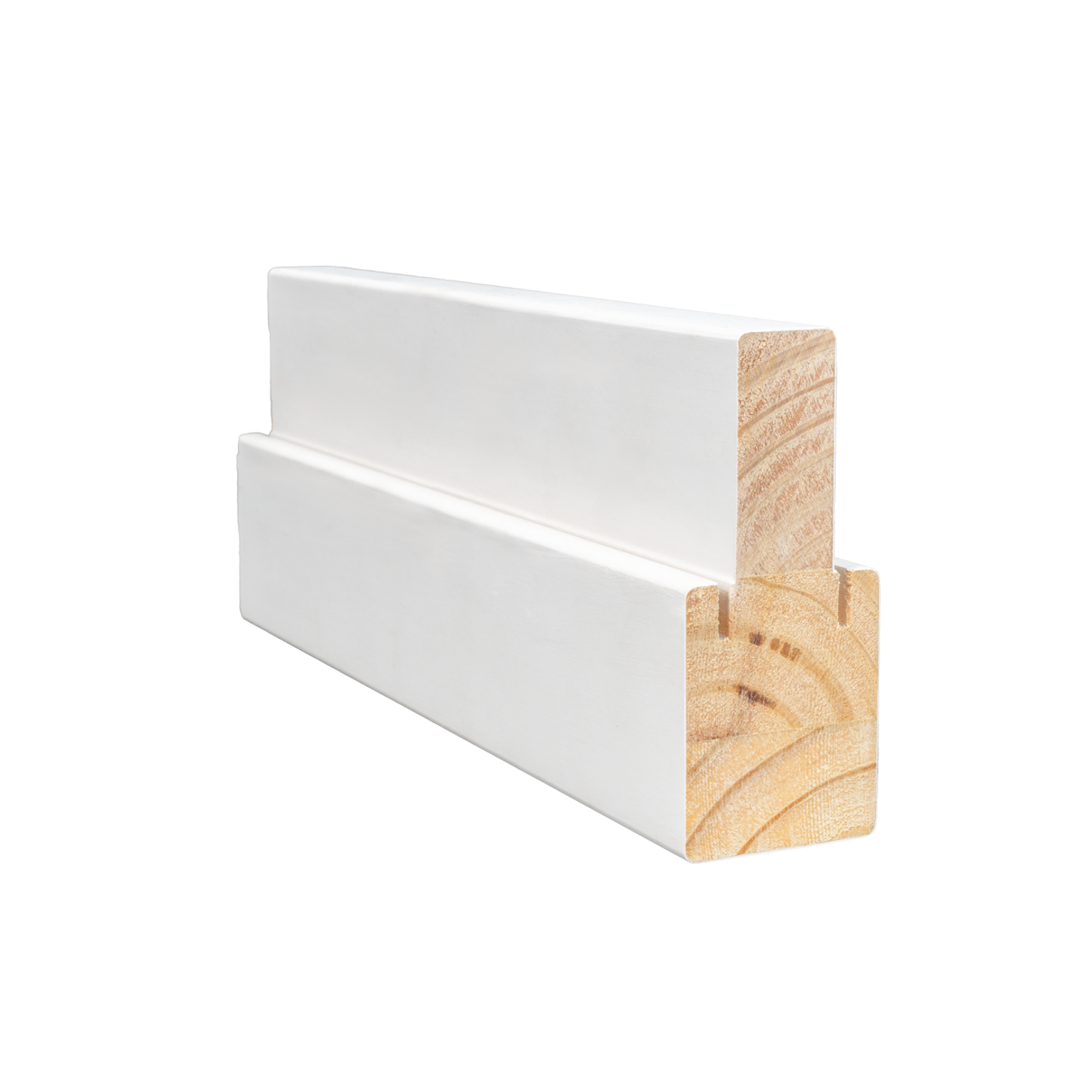 Profile view of a simple white mull post with a pine interior core, displayed against a white background.