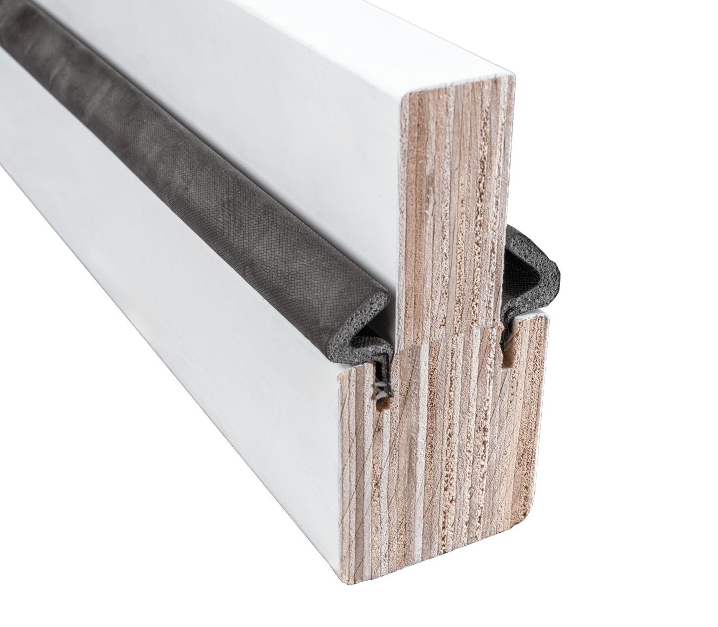 Side view of a white mull post with bronze weatherstripping and a pine wood interior, set against a white backdrop.
