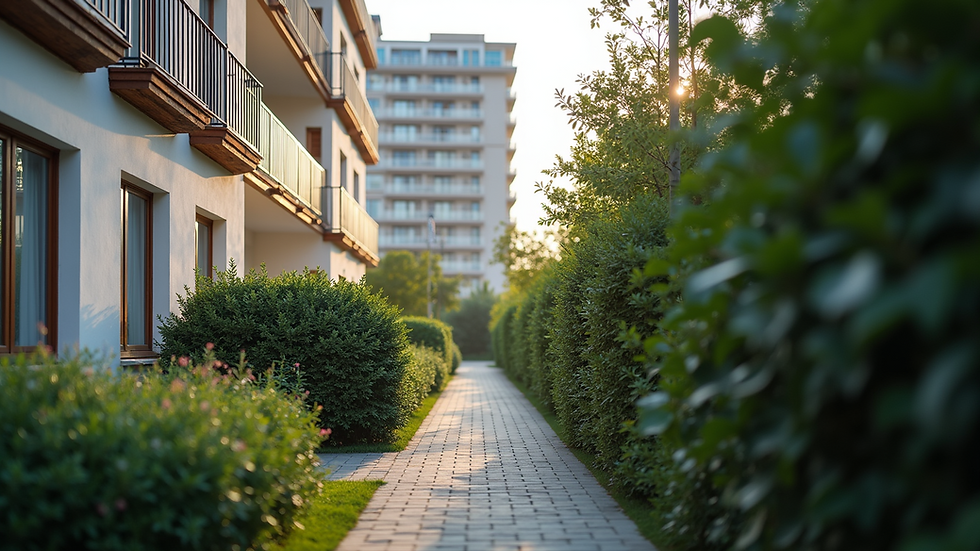 Eye-level view of a residential apartment building exterior