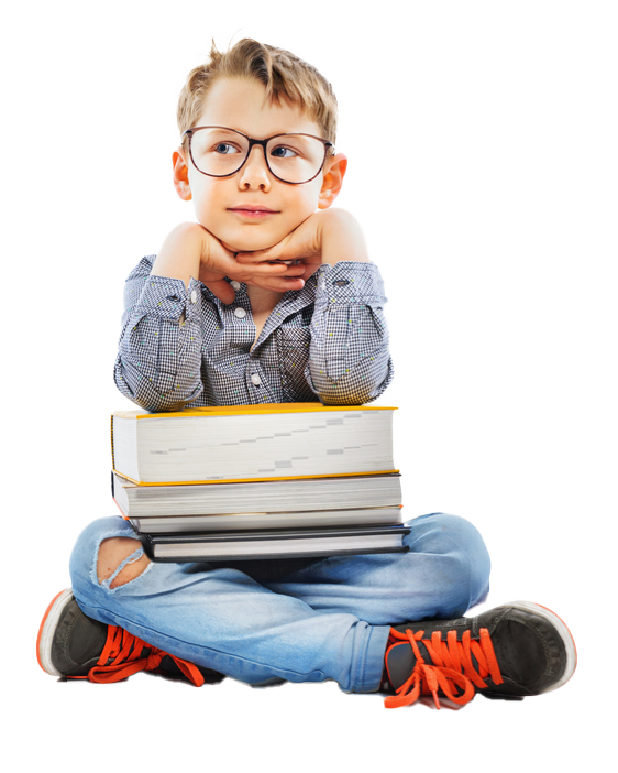 Young boy sitting with a stack of books and glasses looking ready for his school day after enjoying a bowl of San Franola cereal.