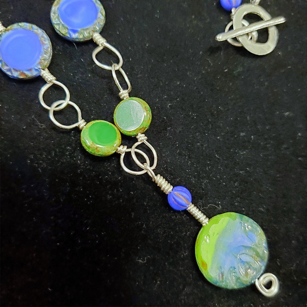 Thumbnail: Blue and Green Wire Wrapped Czech Glass Necklace
