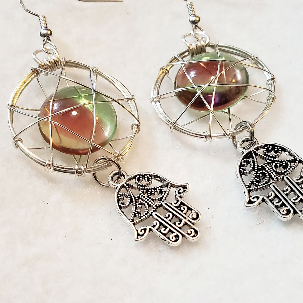 Thumbnail: Pink and Green Hamsa Dreamcatcher Earrings