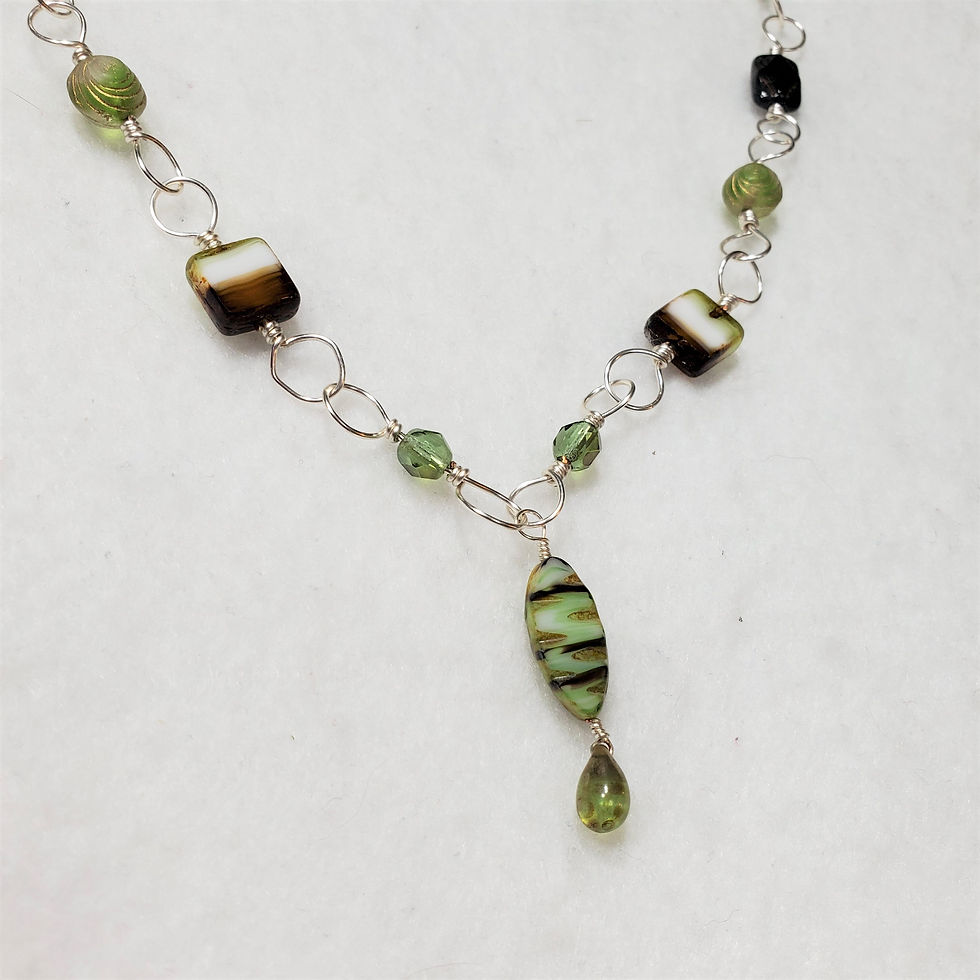 Thumbnail: Green and Black Czech Glass Wire Wrapped Necklace