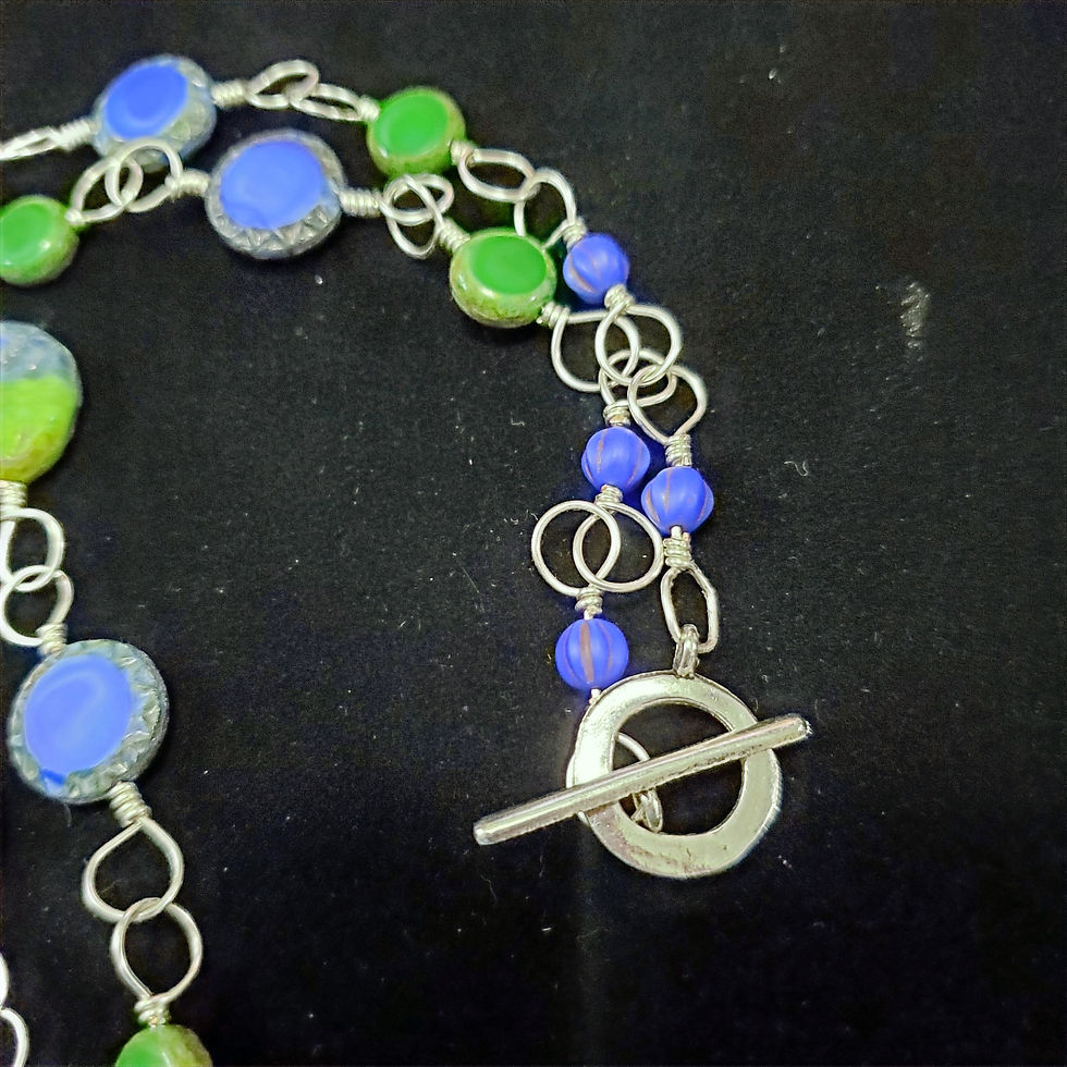 Thumbnail: Blue and Green Wire Wrapped Czech Glass Necklace