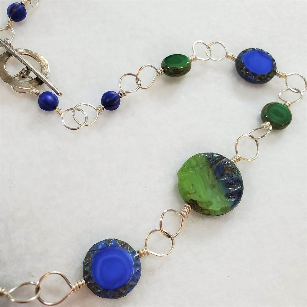 Thumbnail: Blue and Green Wire Wrapped Czech Glass Necklace
