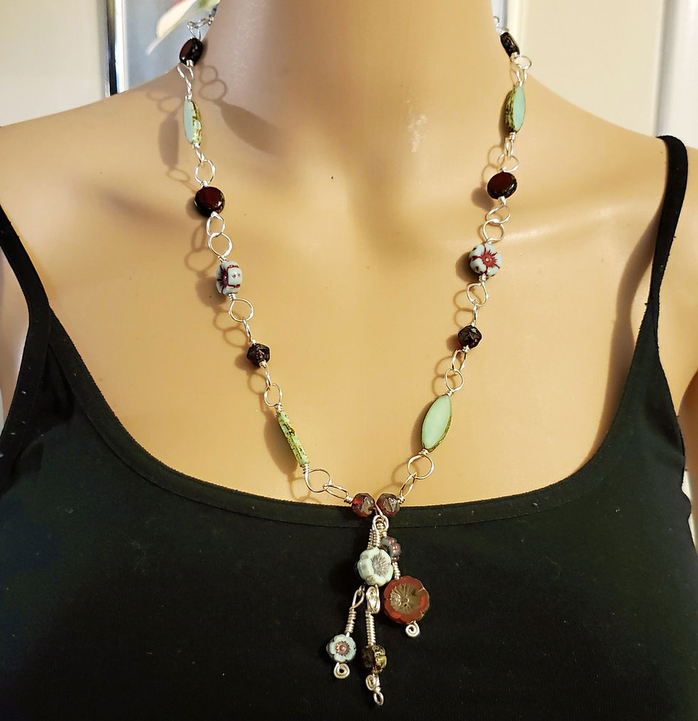Thumbnail: Czech Glass | Teal and Red | Wire Wrapped Necklace