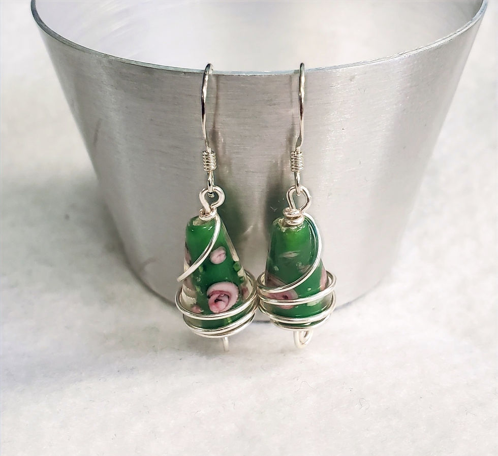 Thumbnail: Green Teardrop Lampwork Earrings