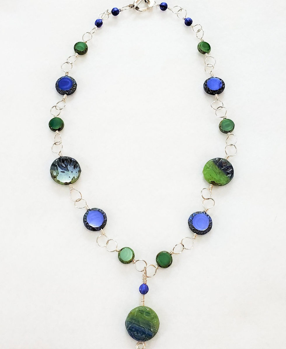 Thumbnail: Blue and Green Wire Wrapped Czech Glass Necklace