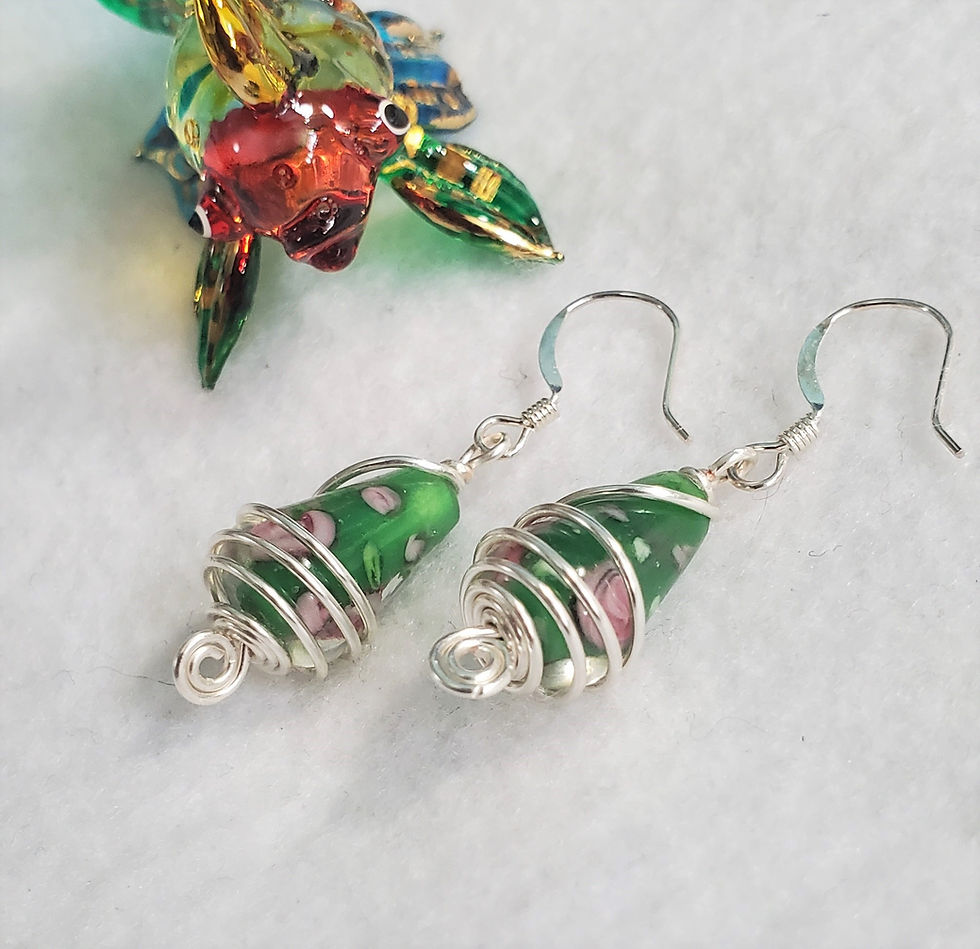 Thumbnail: Green Teardrop Lampwork Earrings