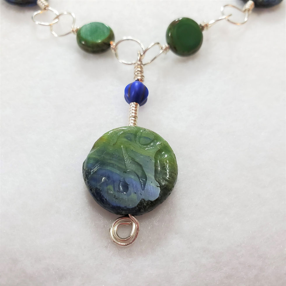 Thumbnail: Blue and Green Wire Wrapped Czech Glass Necklace