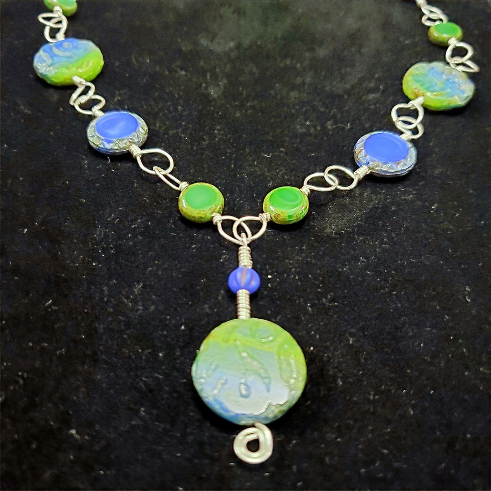 Thumbnail: Blue and Green Wire Wrapped Czech Glass Necklace