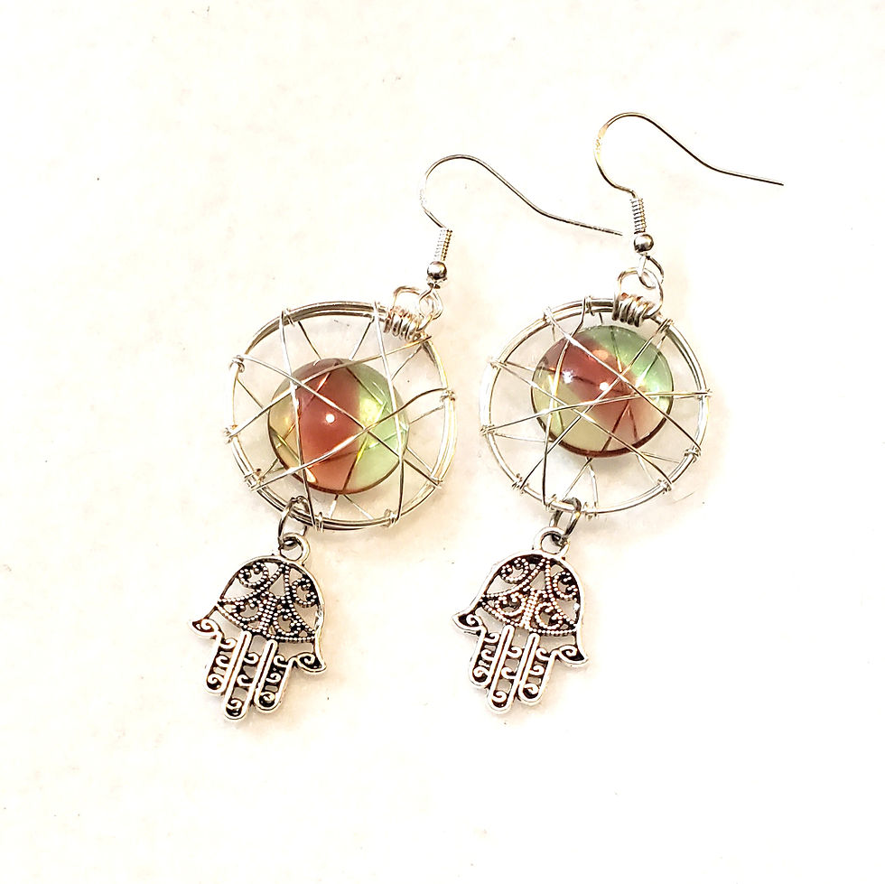 Thumbnail: Pink and Green Hamsa Dreamcatcher Earrings