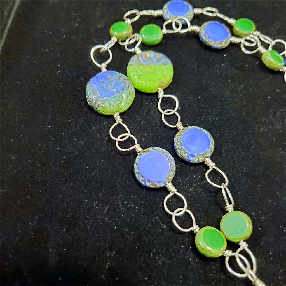 Thumbnail: Blue and Green Wire Wrapped Czech Glass Necklace