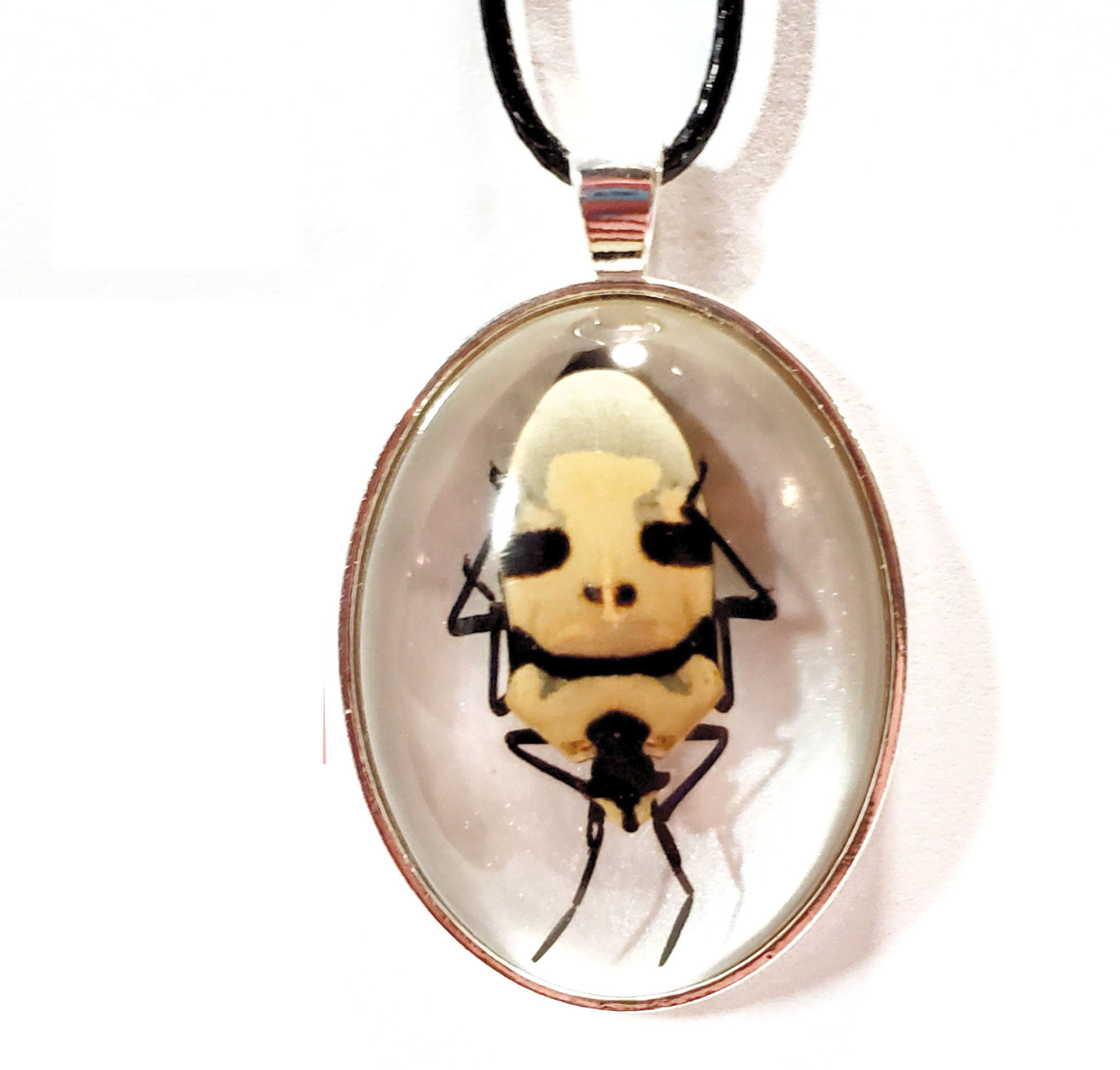 Skull Face Beetle Pendant with Chain/ Silver Bezel