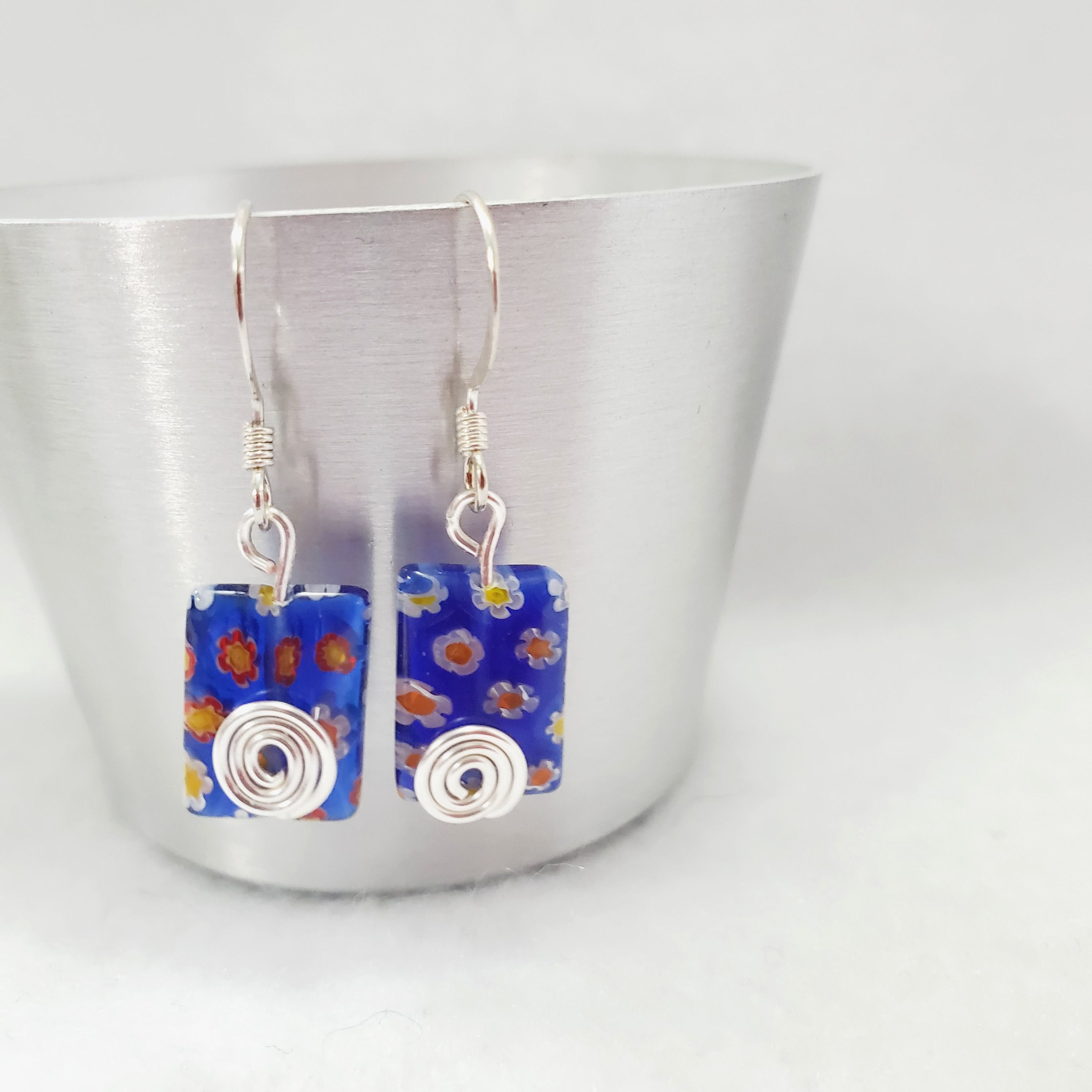 Blue Rectangle Spiral Lampwork Earrings