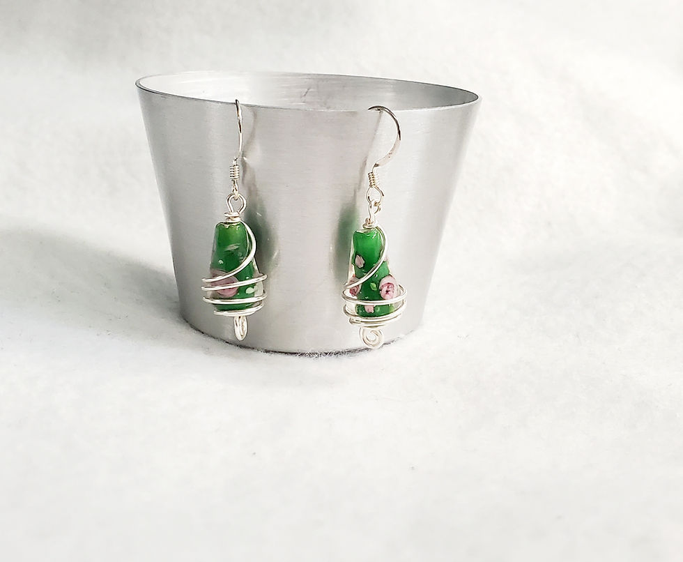 Thumbnail: Green Teardrop Lampwork Earrings