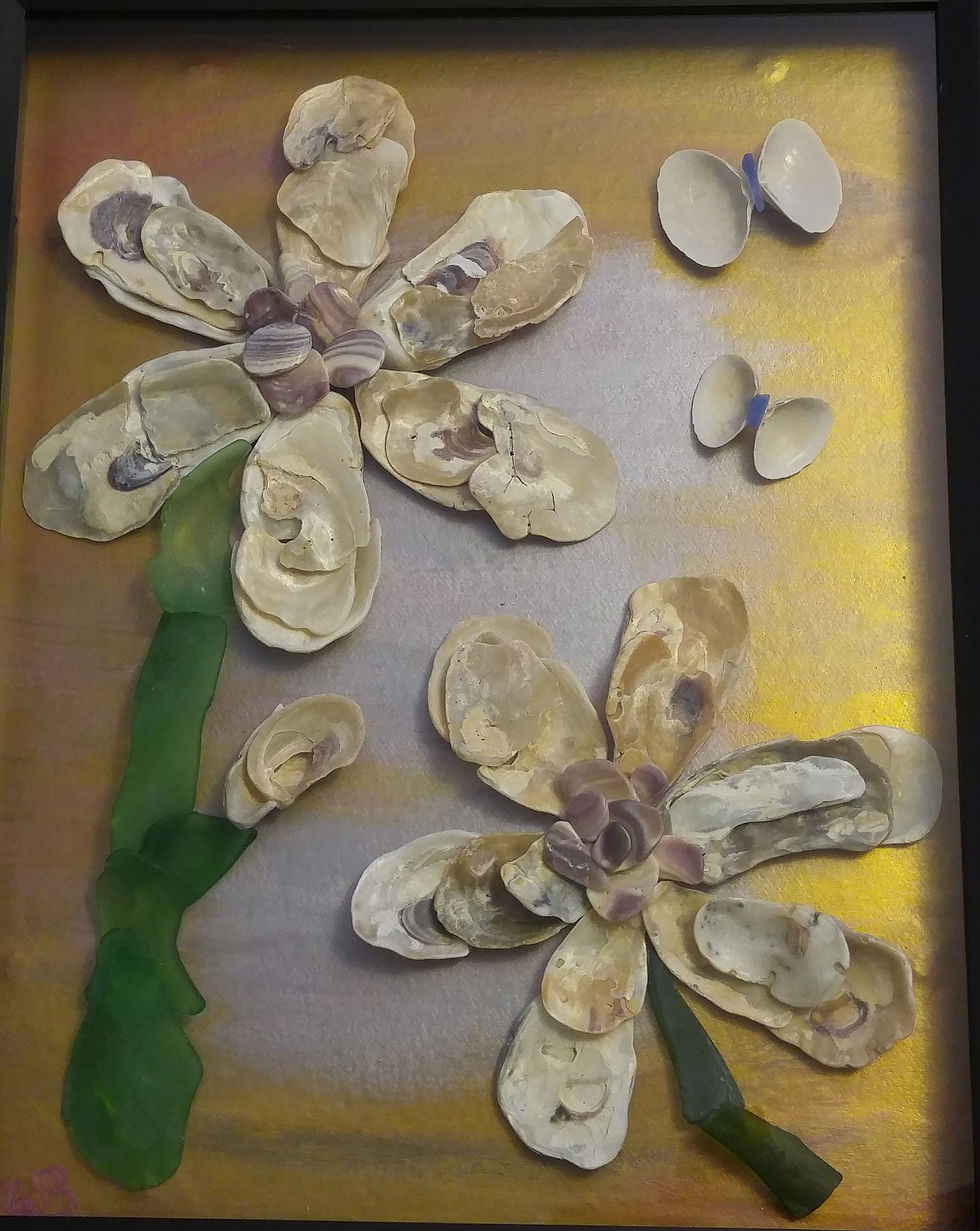 Shell Art | Metallic background | seashell flower | butterflies| black 11 x 14