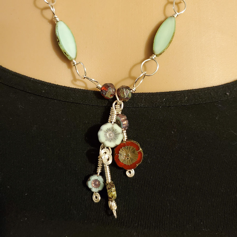 Thumbnail: Czech Glass | Teal and Red | Wire Wrapped Necklace