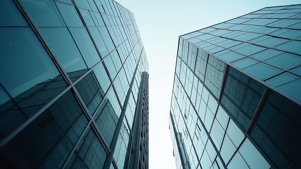 Eye-level view of a modern office building with glass windows