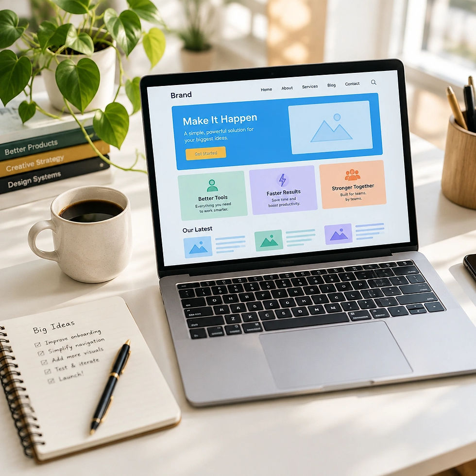 A laptop with wireframe designs on a desk next to coffee