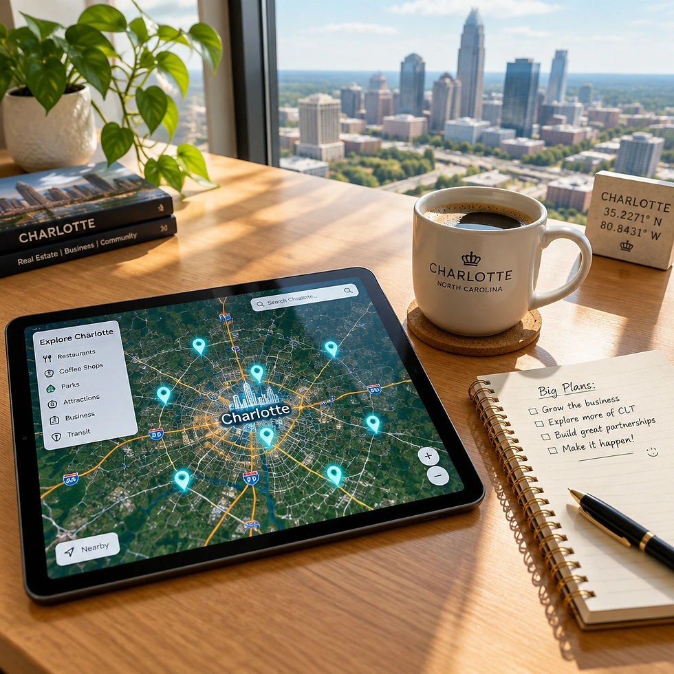 Tablet map of Charlotte on a sunny desk with coffee mug, notebook plans, plant, and skyline view from the window.
