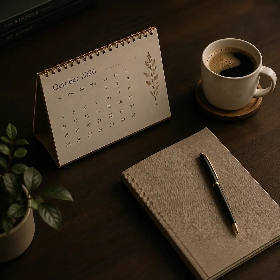 An October 2026 calendar, coffee, and notebook on a desk