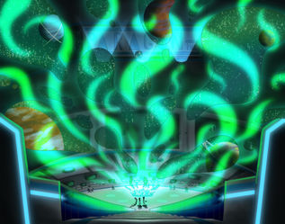 Three figures stand in front of a massive green portal, releasing green light and bubbles that depict a space scene on the other side of the universe.