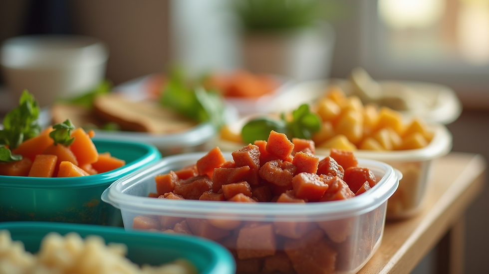 Close-up view of a weekly meal prep with colorful containers filled with balanced meals
