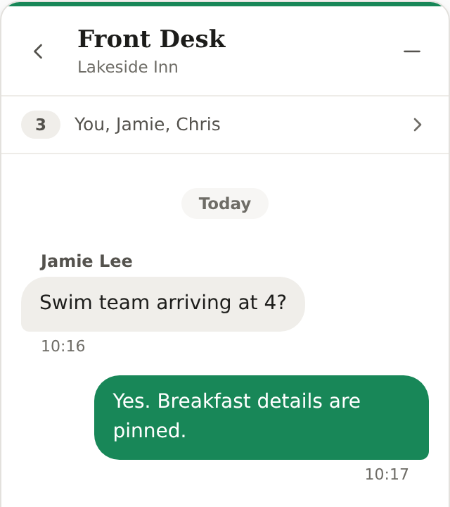 Front Desk chat confirming that the swim team’s breakfast details are pinned in Pass Along. Sample data.
