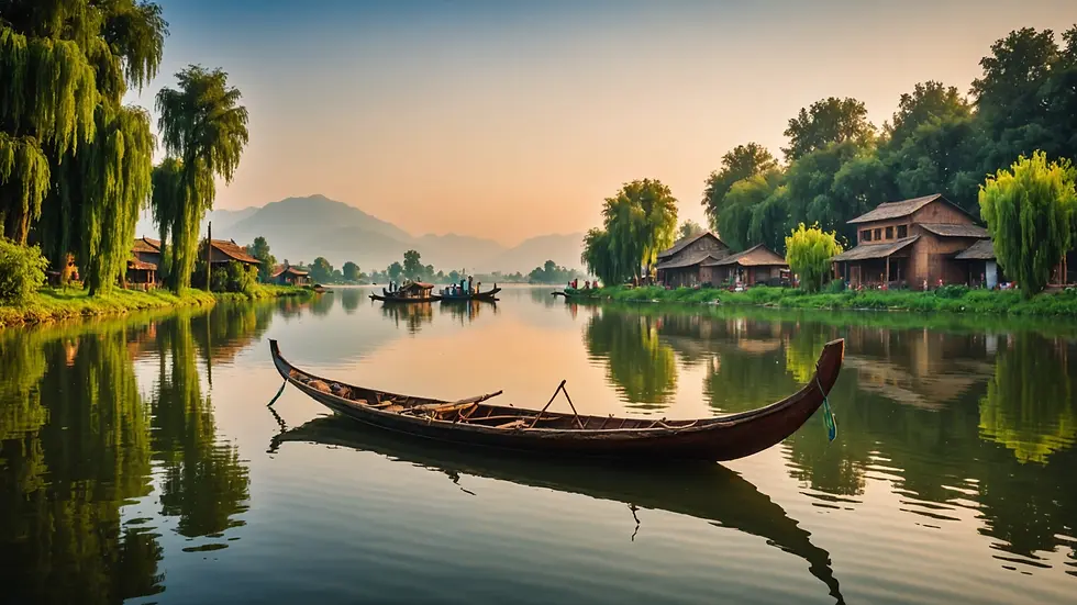 Eye-level view of a traditional Shikara on the calm waters of Dal Lake