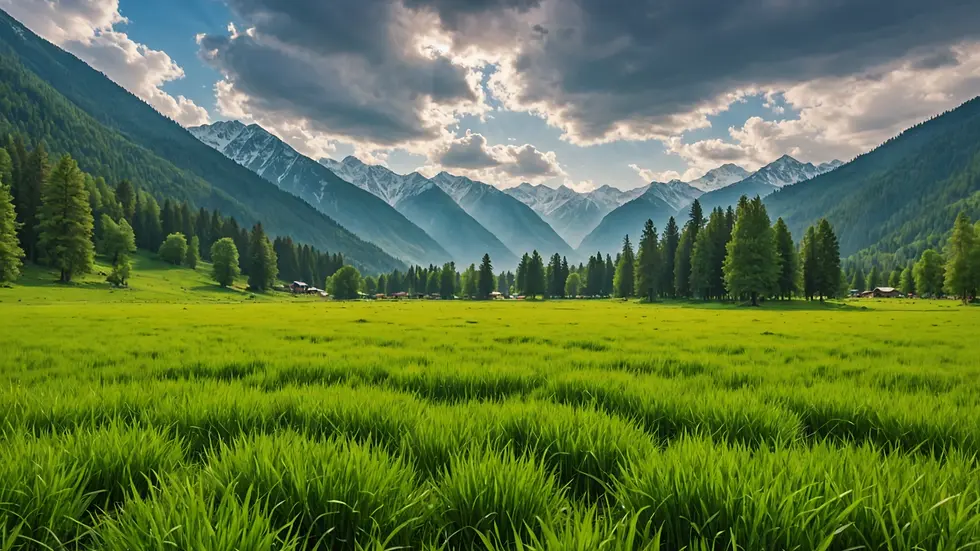 Wide angle view of lush green meadows in Pahalgam