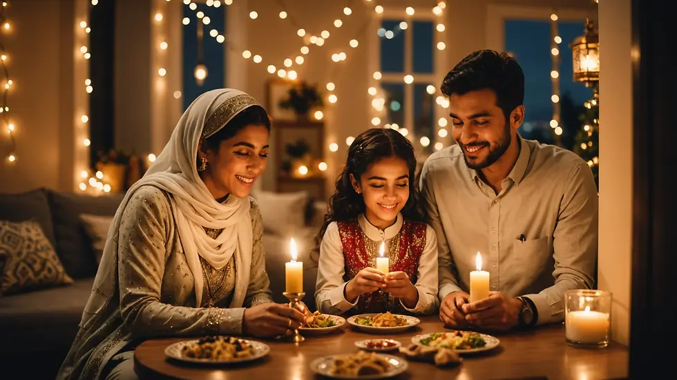 Eye-level view of a family celebrating Eid with festive lights and decorations