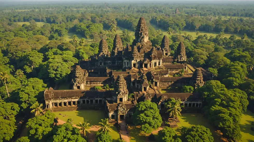 High angle view of Angkor Wat's central tower surrounded by lush greenery