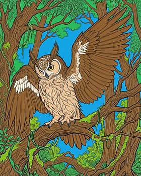 Ein Uhu aus der Fantasywelt Tad Time, fantasievoll ausgemalt.