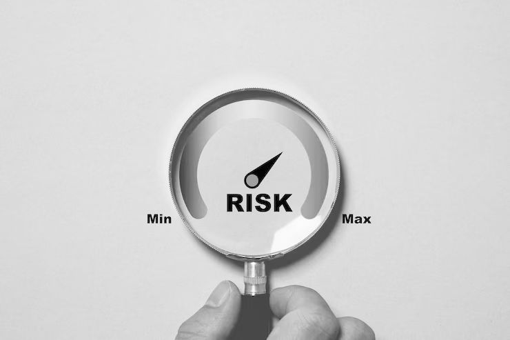 A magnifying lens highlights the risk levels on a dashboard.