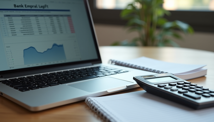 Eye-level view of a laptop displaying bank statements on screen with a calculator and notebook on the desk