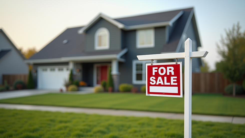 Eye-level view of a modern suburban home with a "For Sale" sign