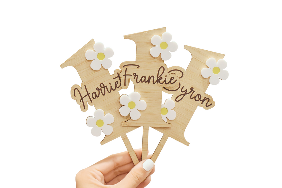 Wooden Cake Topper - 1 with Daisy and custom name - Group image
