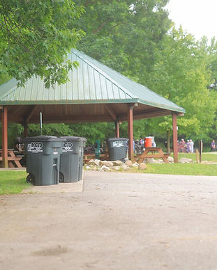 Picnic shelters and walking path at Delt Church Park in Wolcottville, Indiana