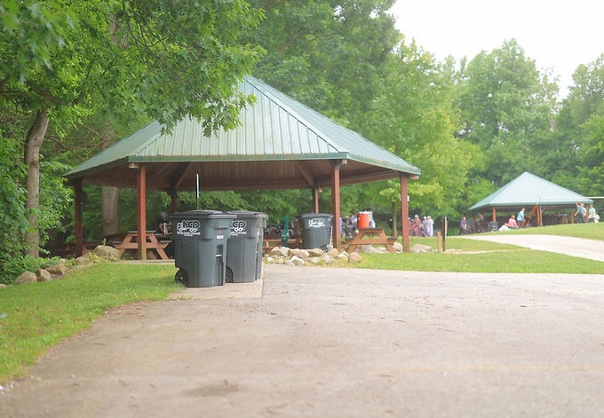 Picnic shelters and walking path at Delt Church Park in Wolcottville, Indiana