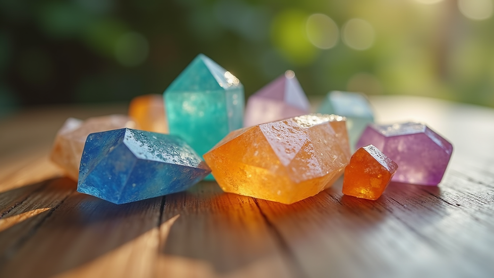 Close-up view of colorful healing crystals arranged on a wooden surface