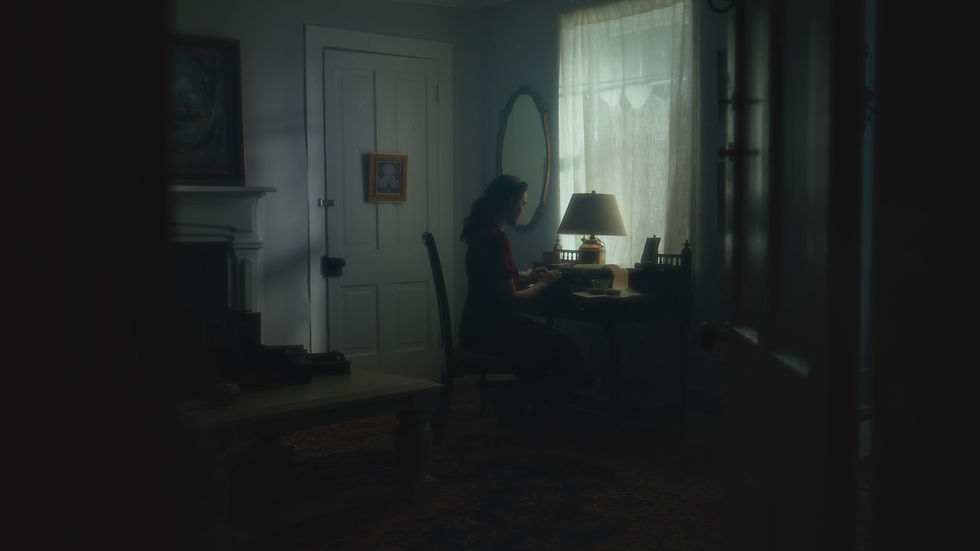 Woman typing in her room in London 1940s