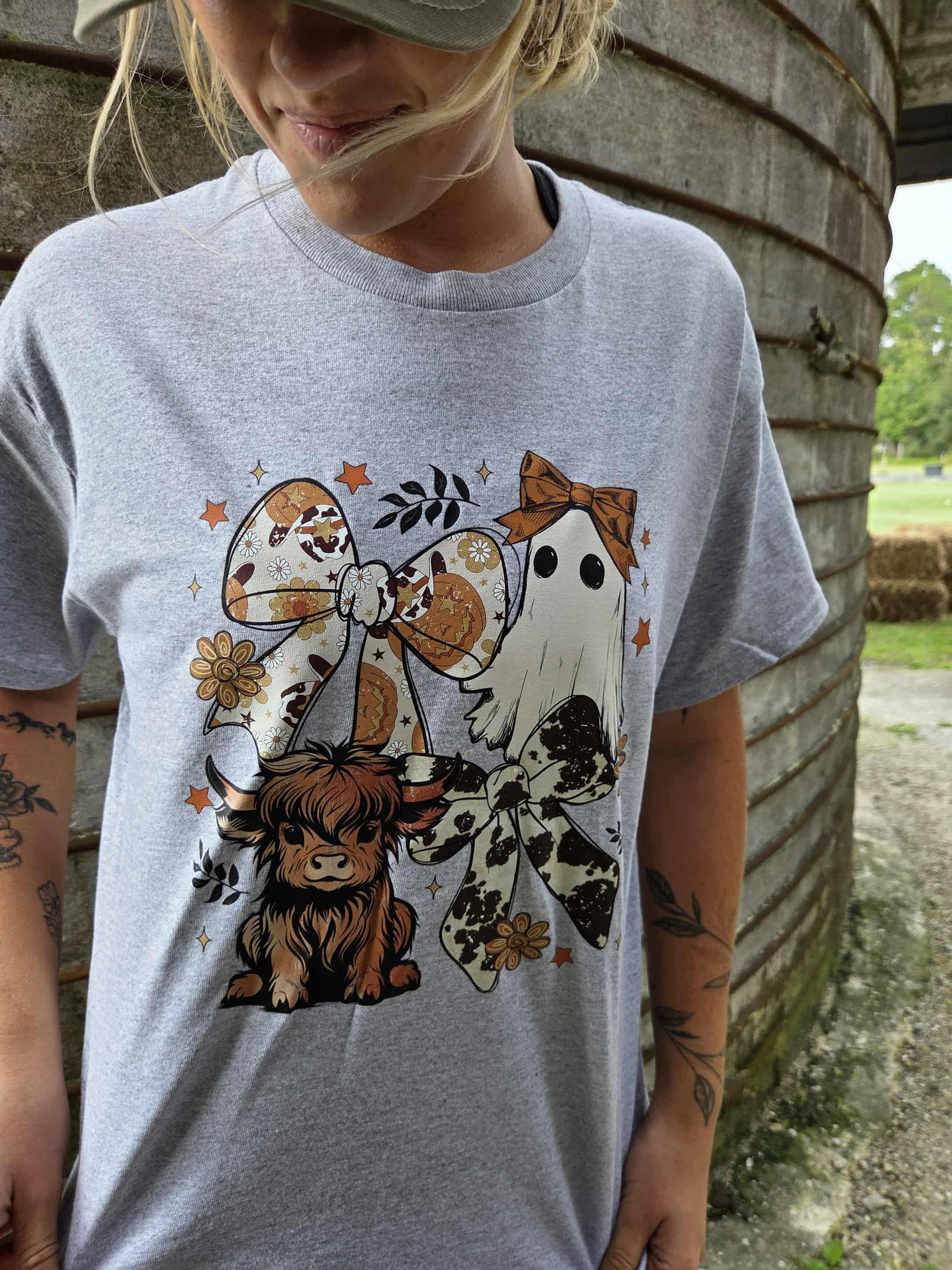 Boo Cow T-Shirt with ghost, Highland calf, and cow print bows