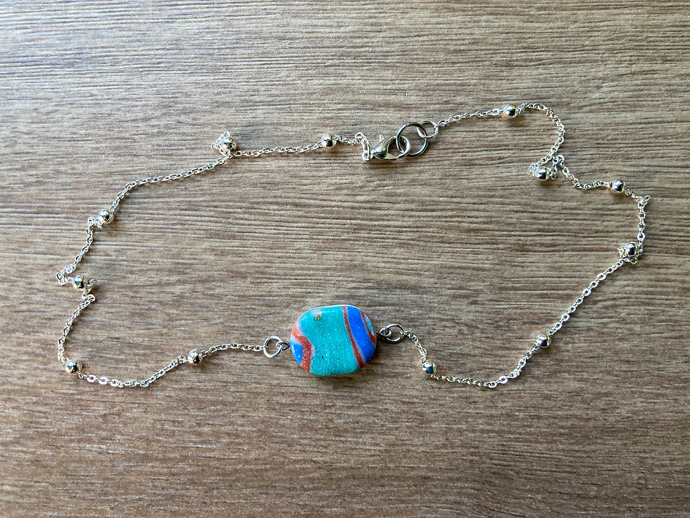 Thumbnail: Blue, green, orange and cream oval on a silver plated nacklace chain