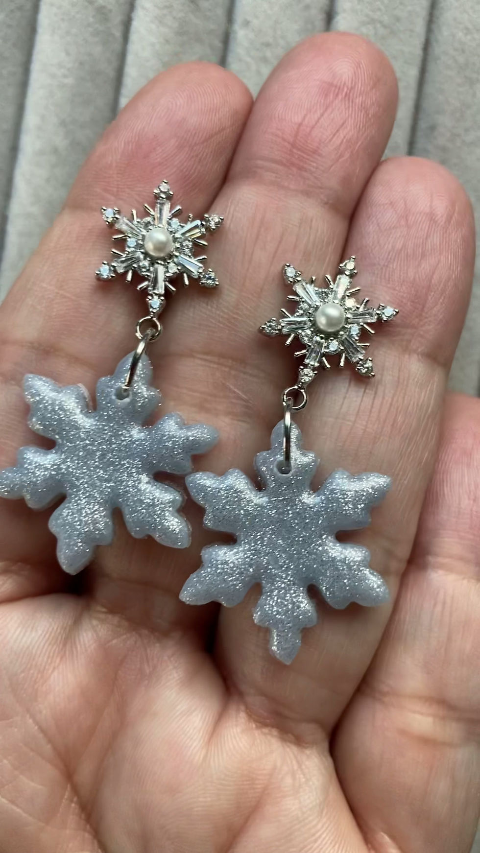 Thumbnail: Silver snowflake earrings on sparkly snowflake studs