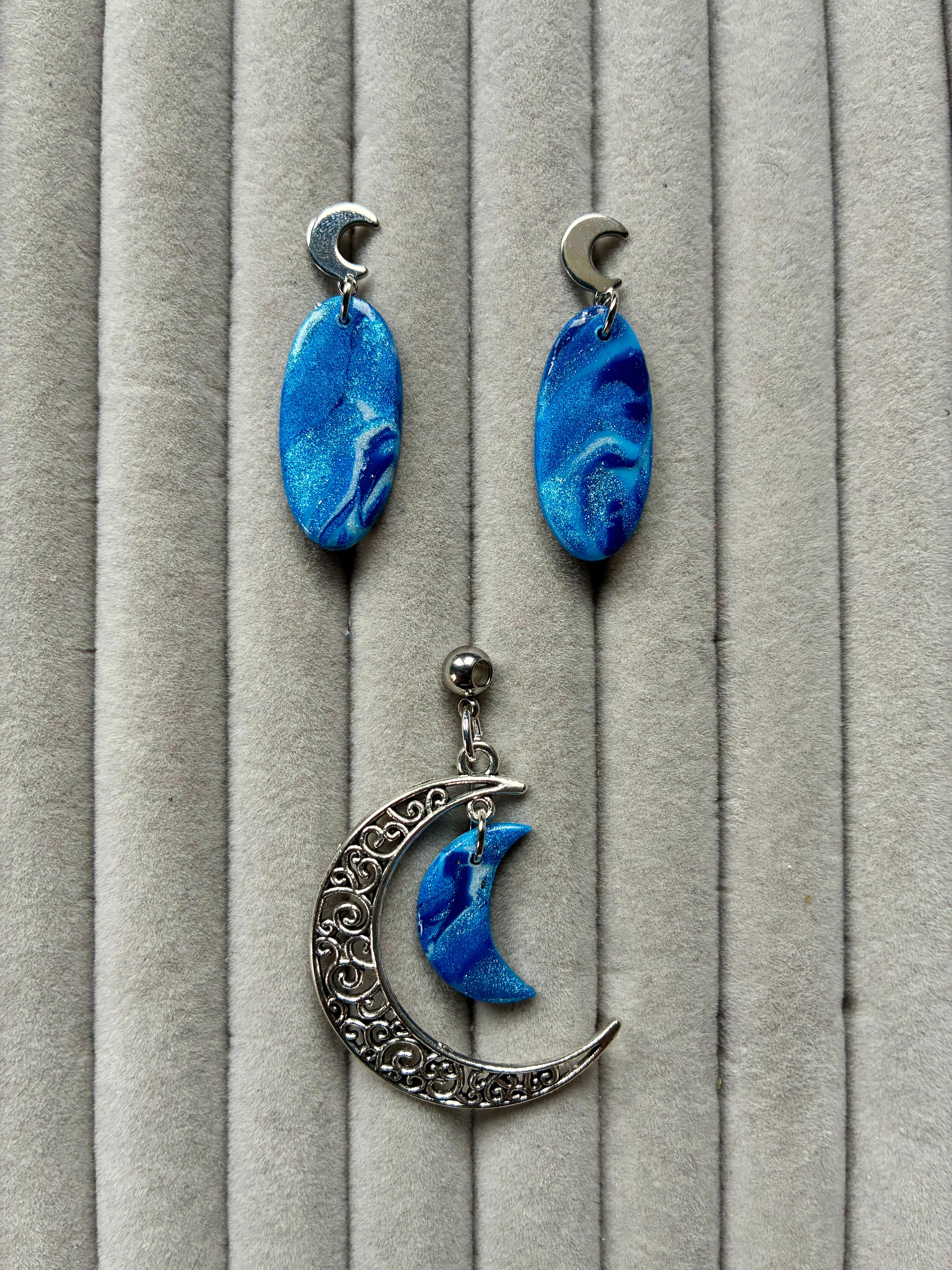 Blue moon polymer clay pendant and earrings set