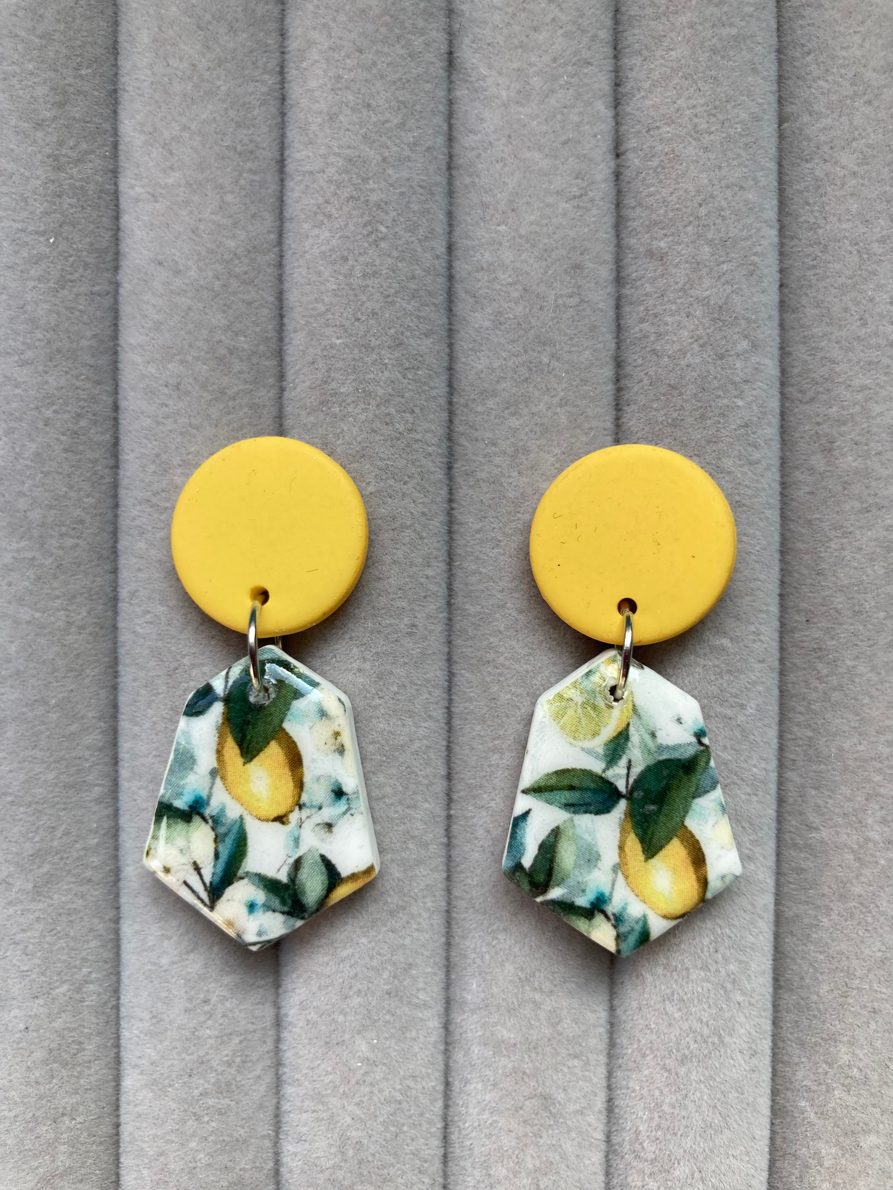 Lemon tree Emporio Prints shield earrings on yellow acrylic and silver studs