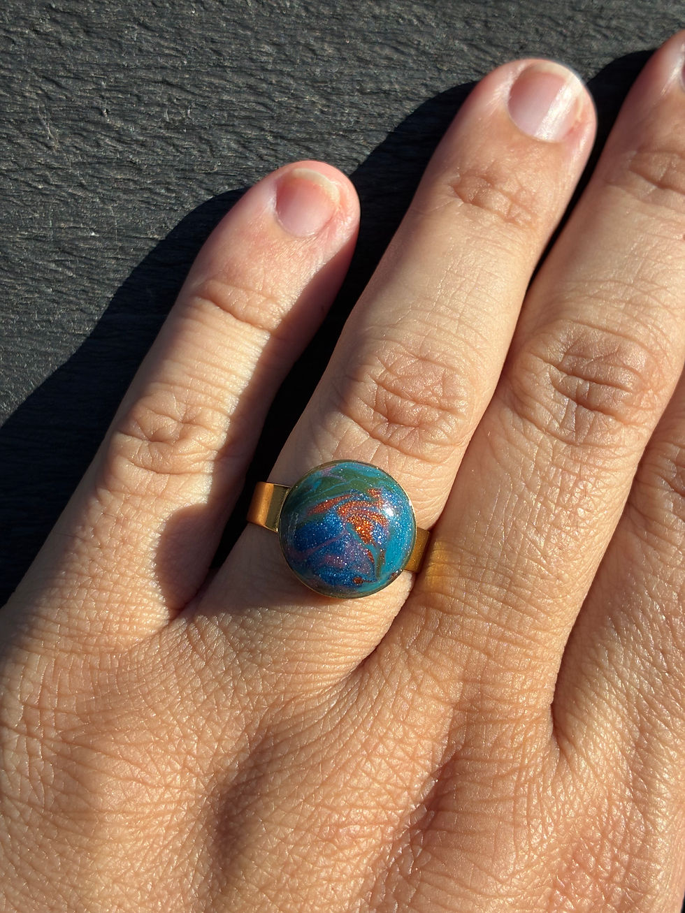 Thumbnail: Blue, pink, copper and green polymer clay ring and bracelet set