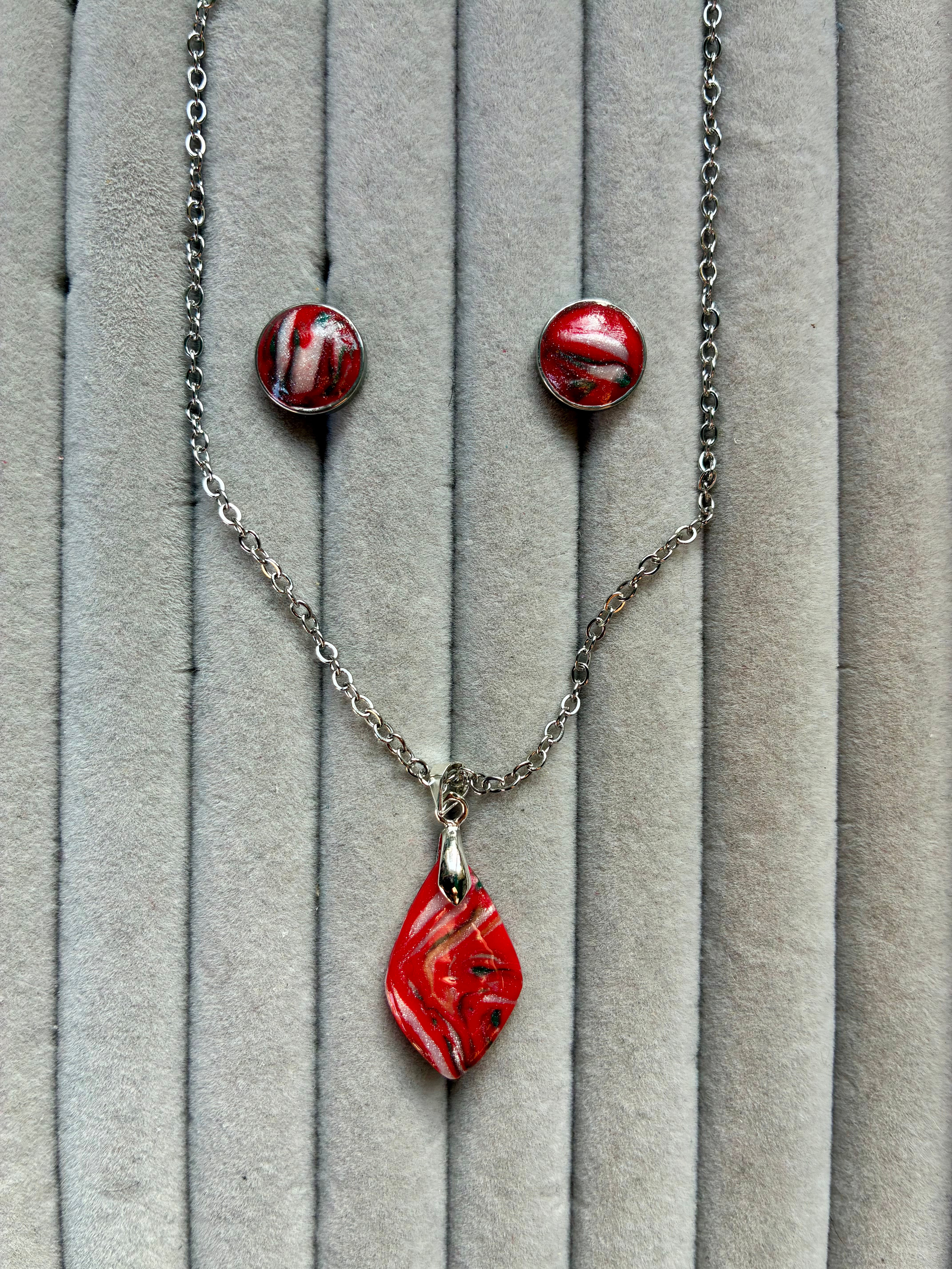 Red, green and white polymer clay necklace and bezel earrings set